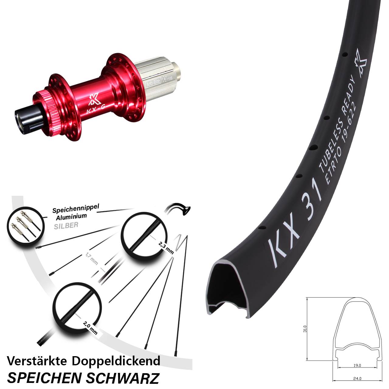 28 Zoll KX-G31 rot Disc Hinterrad 12x142 8-12 fach