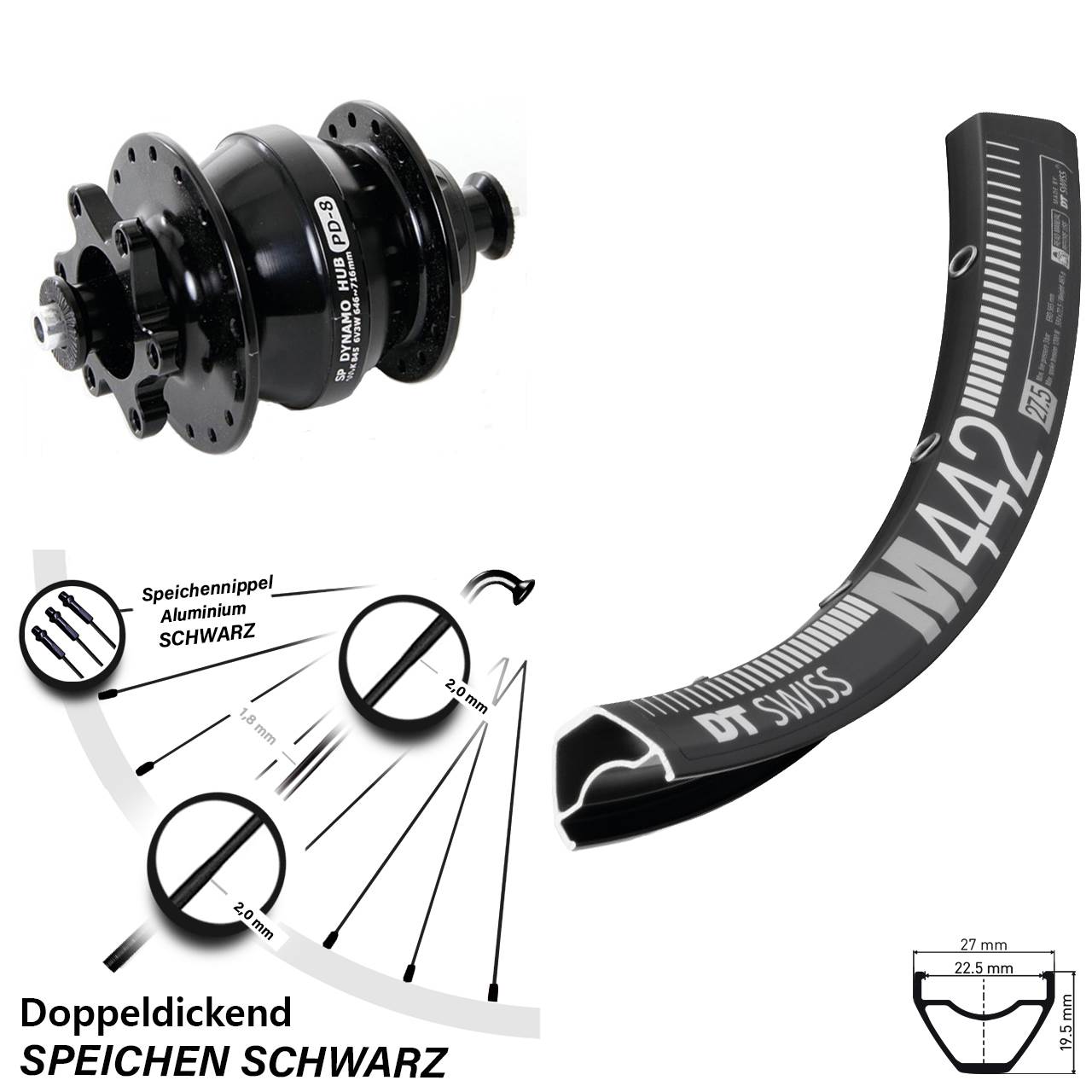 Nabendynamo QR SP PD-8 Disc 6-Loch DT Swiss M442 Vorderrad 29 Zoll schwarz