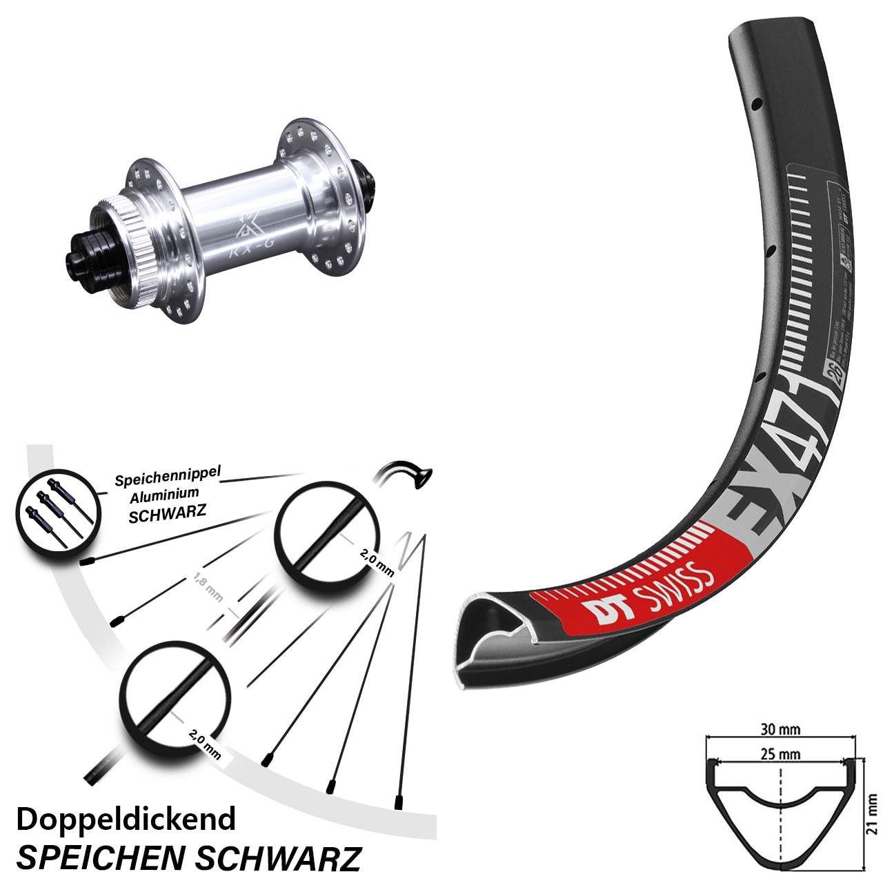 Laufrad 26 Zoll DT Swiss EX 471 Disc KX-G Centerlock 5/100 silbern