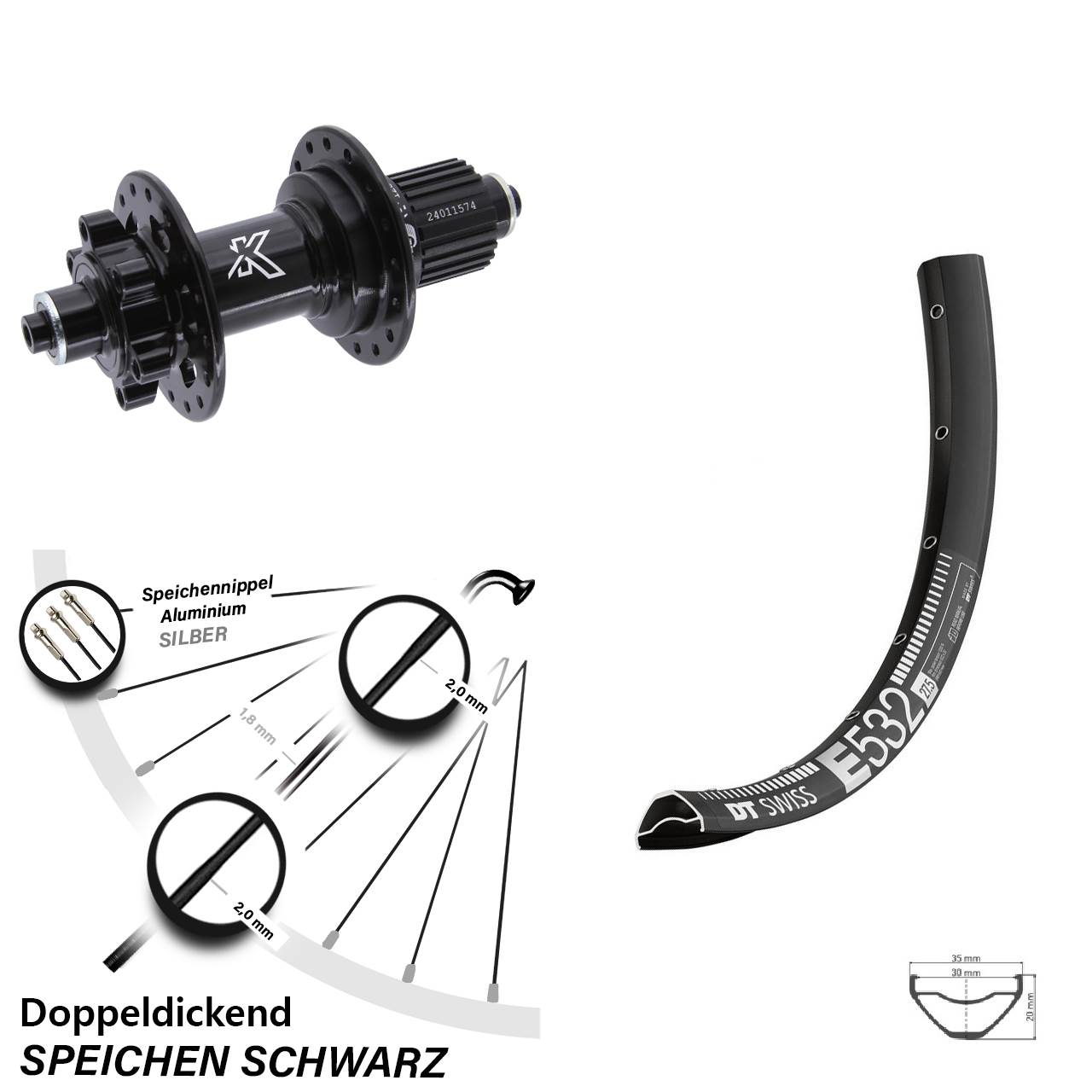 Hinterrad 6-Loch 29 Zoll DT Swiss E 532 KX-M Micro Spline für Schnellspanner