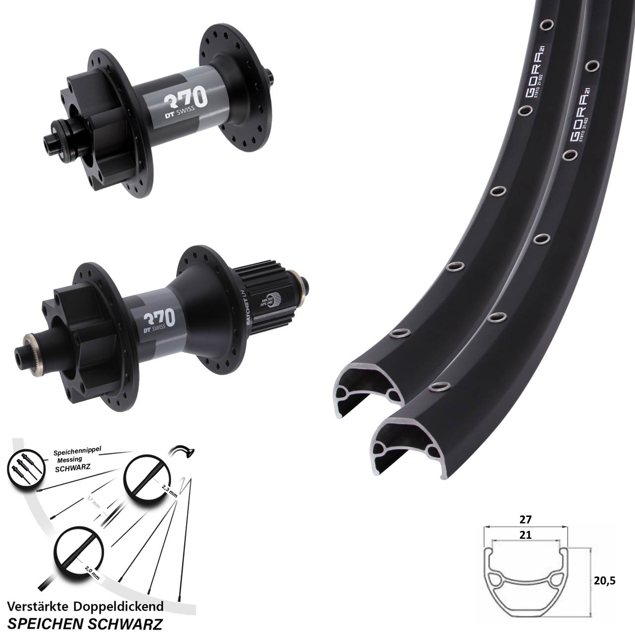 29 Zoll Gora 21 DT Swiss 370 6-Loch Laufradsatz für Schnellspanner Shimano Micro Spline
