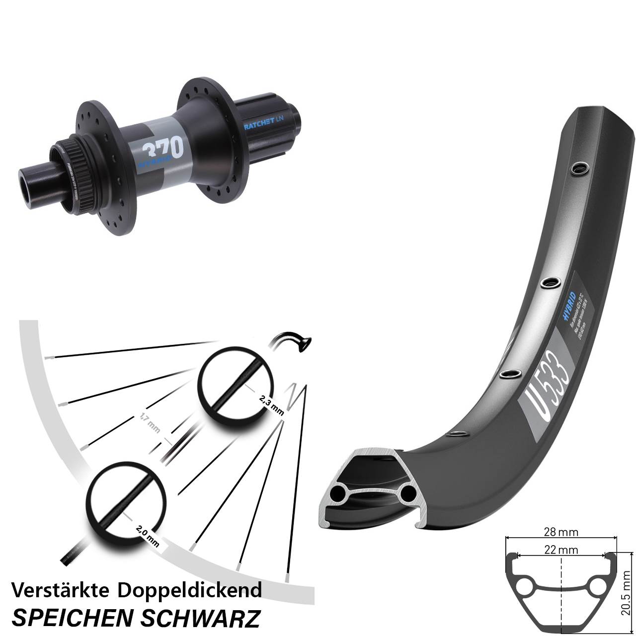 Centerlock Hinterrad 28-29 Zoll DT Swiss U533-370 Hybrid 8-11 fach HG 12x148