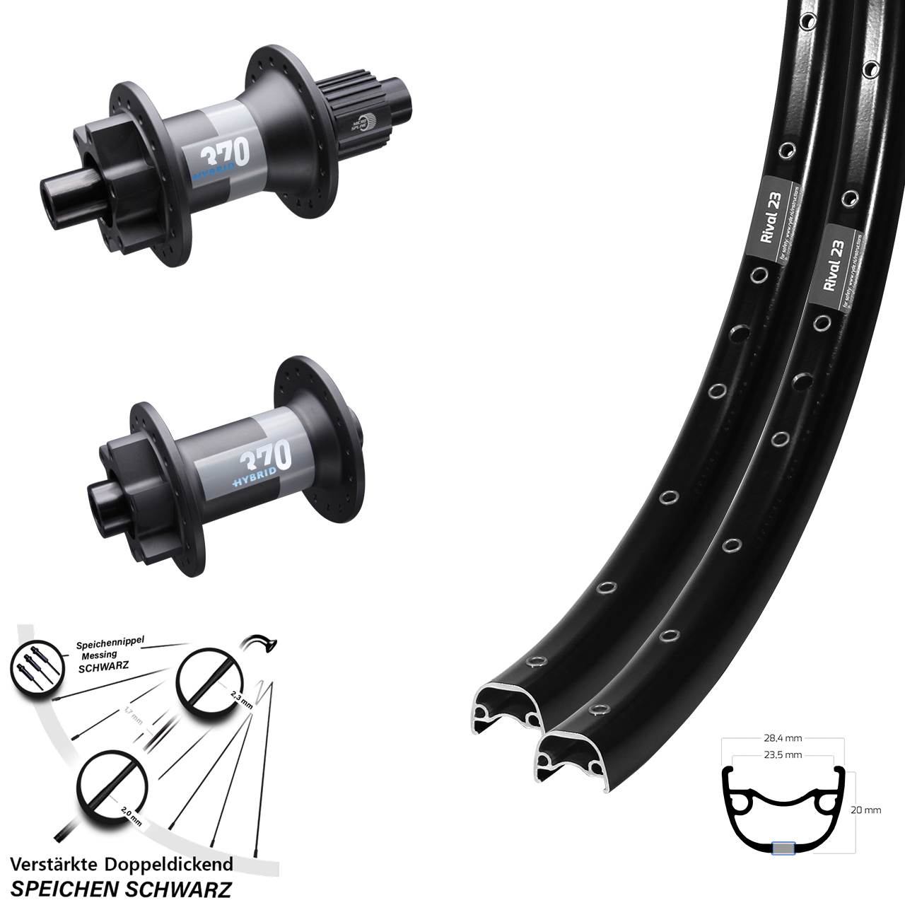 27,5 Zoll Ryde Rival 23 DT Swiss 370 Hybrid Boost 6-Loch Laufradsatz Boost Micro Spline
