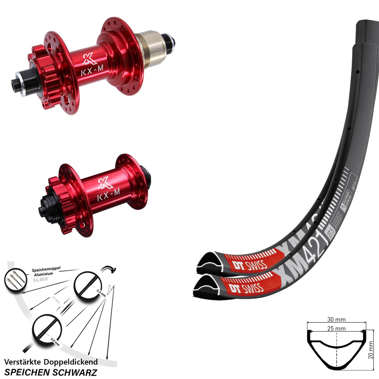 DT Swiss XM421 KX-M rot 27,5 Zoll Disc Laufradsatz für Schnellspanner SRAM XD