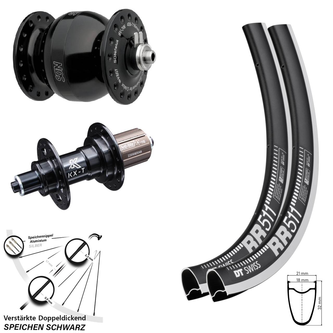 28 Zoll DT Swiss RR511 KX-T SON delux wide body Laufrad-Satz QR 8-11 fach schwarz