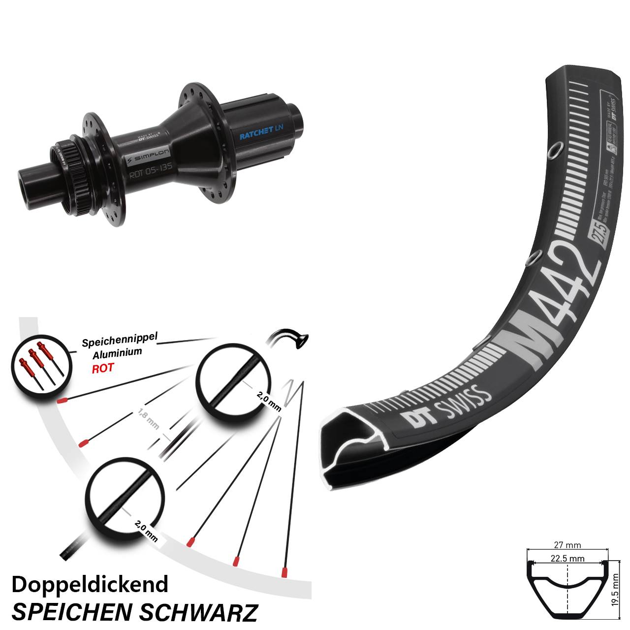 28 Zoll DT Swiss M442-370 Hybrid Centerlock Hinterrad 12x142 8-11 fach