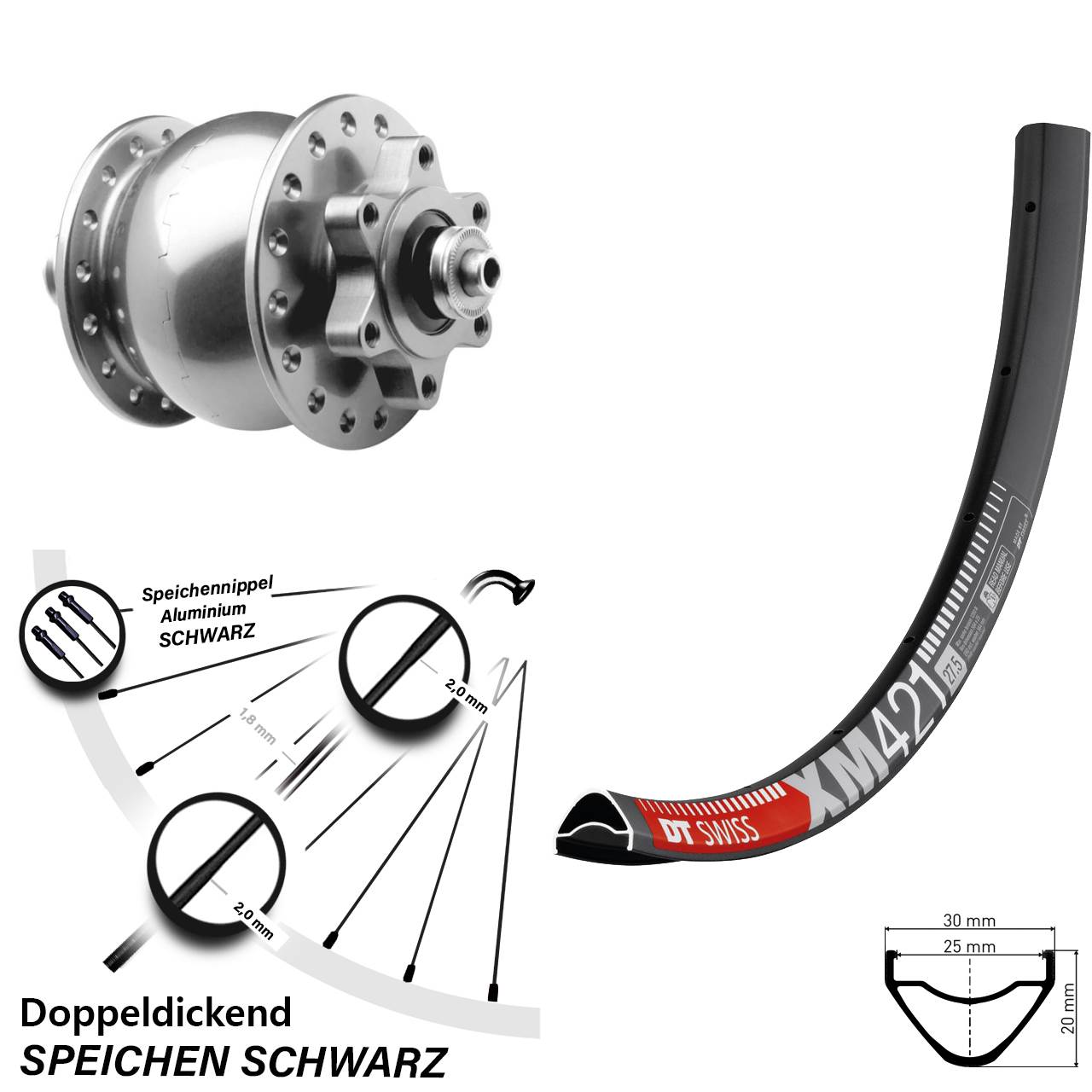 Nabendynamovorderrad 6-Loch für Schnellspanner 650B DT Swiss XM421 SON 28 silbern