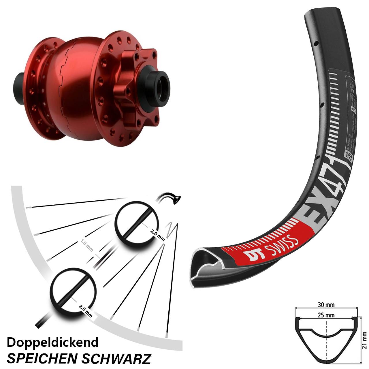 29 Zoll Vorderrad mit Nabendynamo Son 28-15 rot eloxiert DT Swiss EX 471