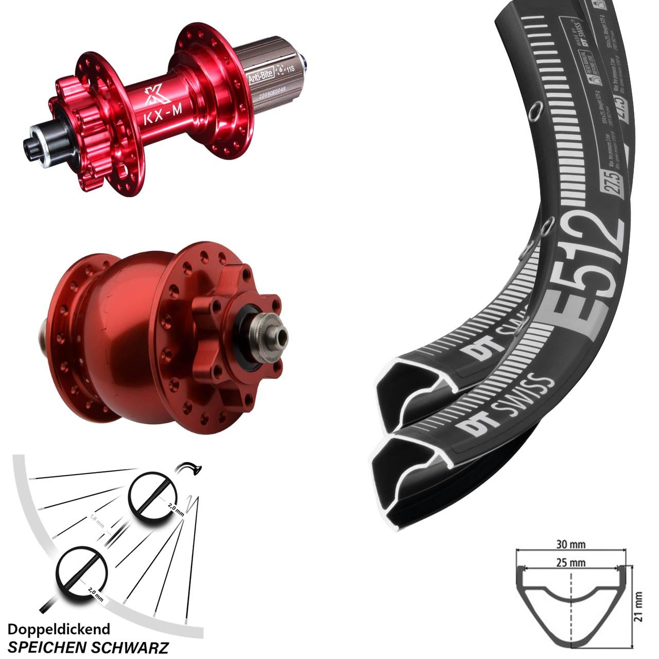 29 Zoll Laufradsatz Dynamo SON 28 rot KX-M 6-loch DT Swiss E 512 Schnellspanner