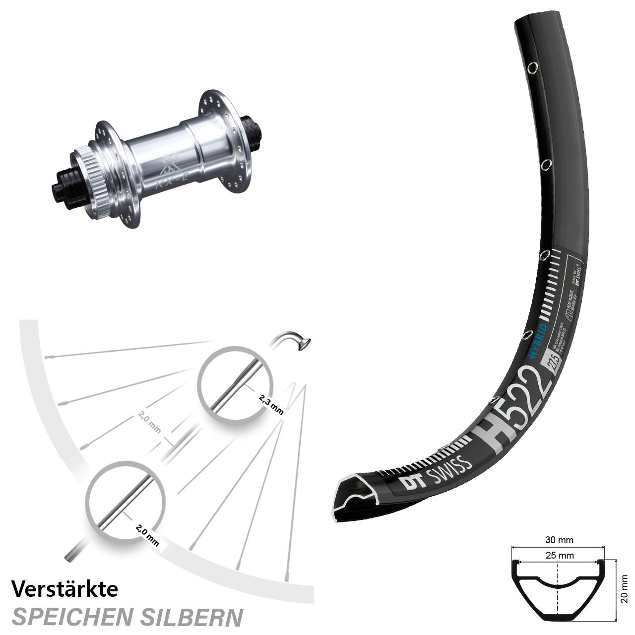 KX-E Nabe Centerlock 5x100 mm silbern eloxiert DT Swiss H 522 Vorderrad 27,5 Zoll E-Bike