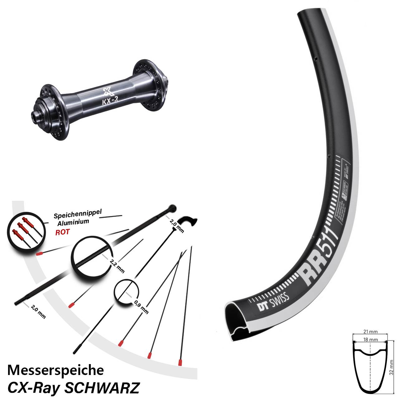 28 Zoll DT Swiss RR511 KX-R Laufrad für Schnellspanner CX-Ray