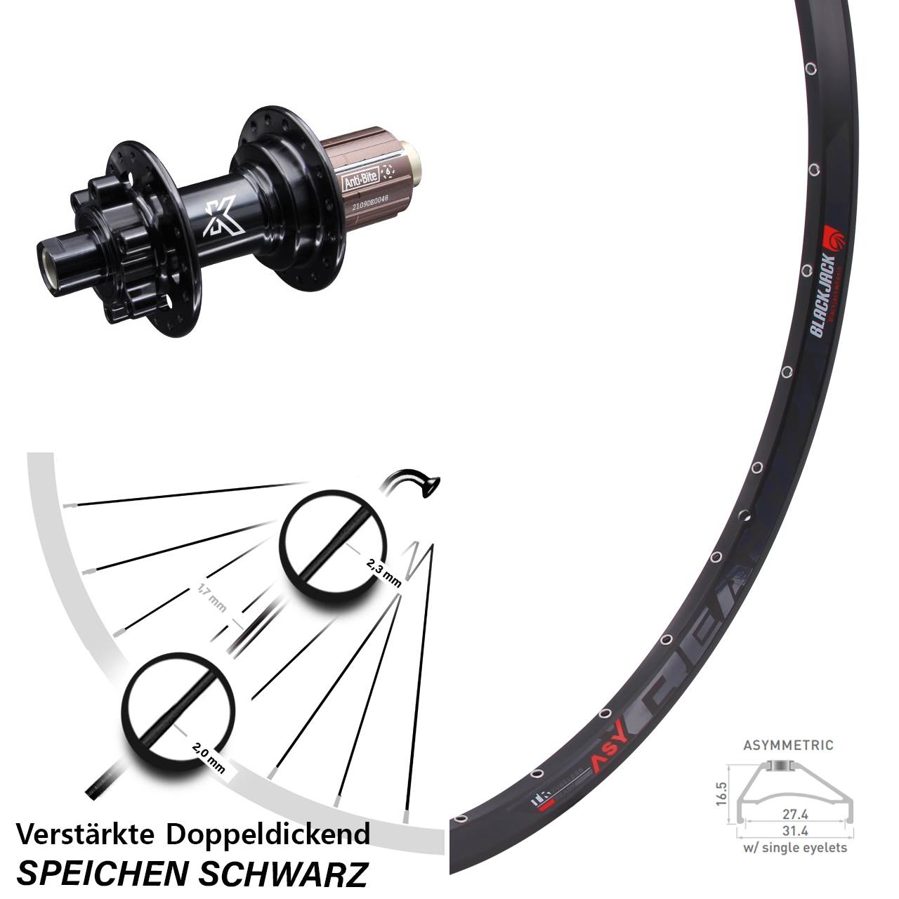 Hinterrad 6-Loch 27,5 Zoll Rodi Ready 27 KX-M Shimano Anti-Bite 8-12 fach 12x142
