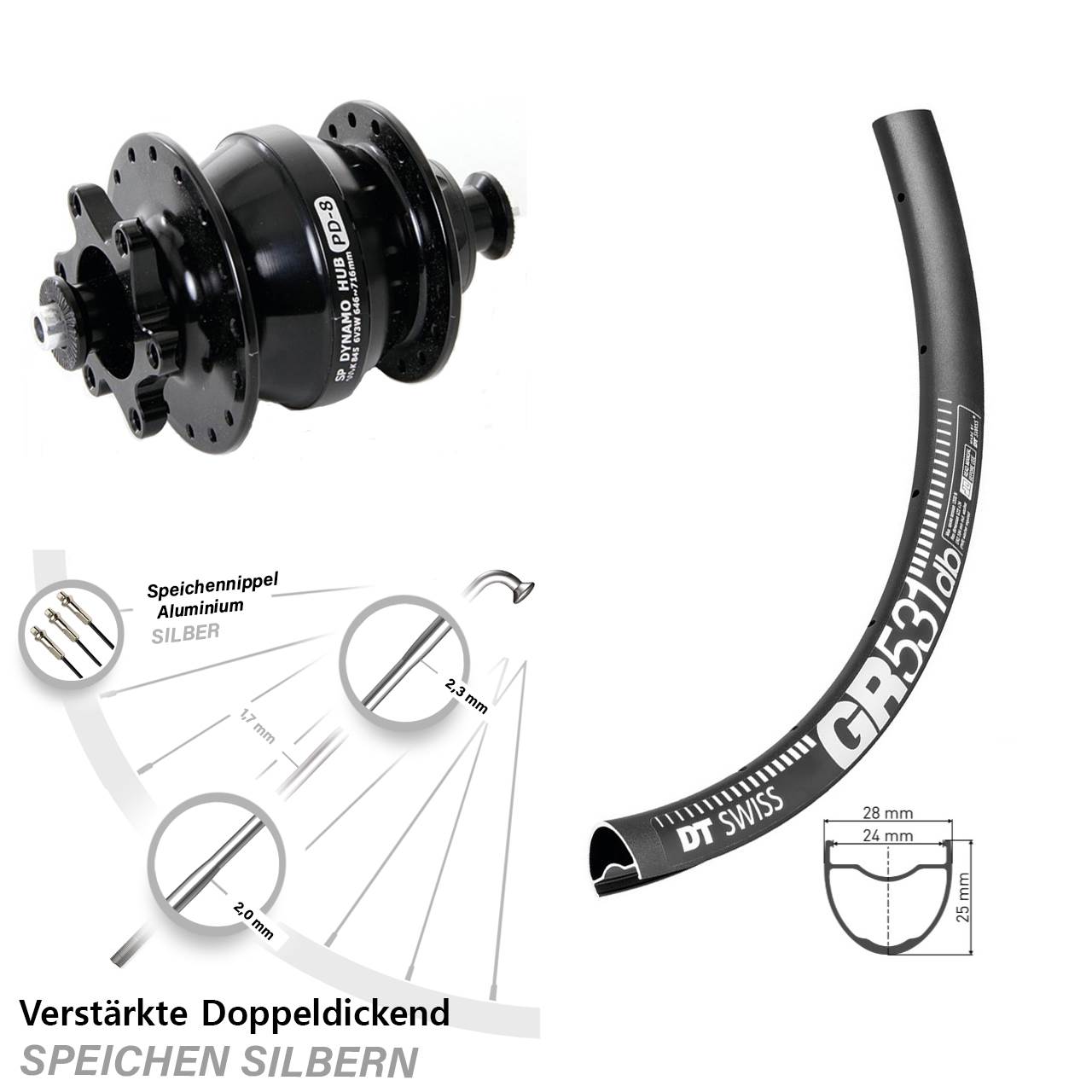 Disc Laufrad mit Nabendynamo 29 Zoll DT Swiss GR 531 Shutter Precision PD-8 QR