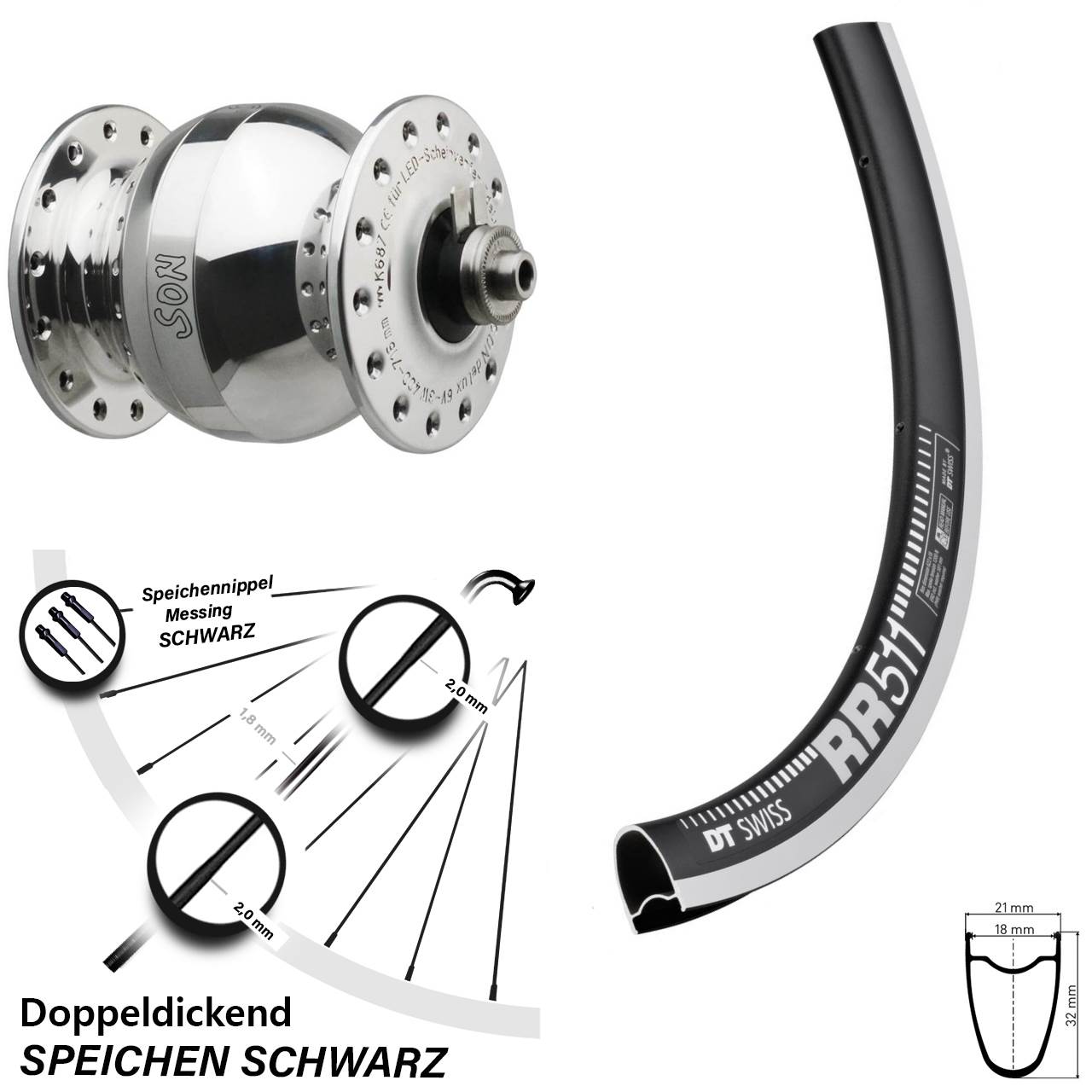 Nabendynamolaufrad 28 Zoll DT Swiss RR511 CNC SONdelux wide body für Schnellspanner