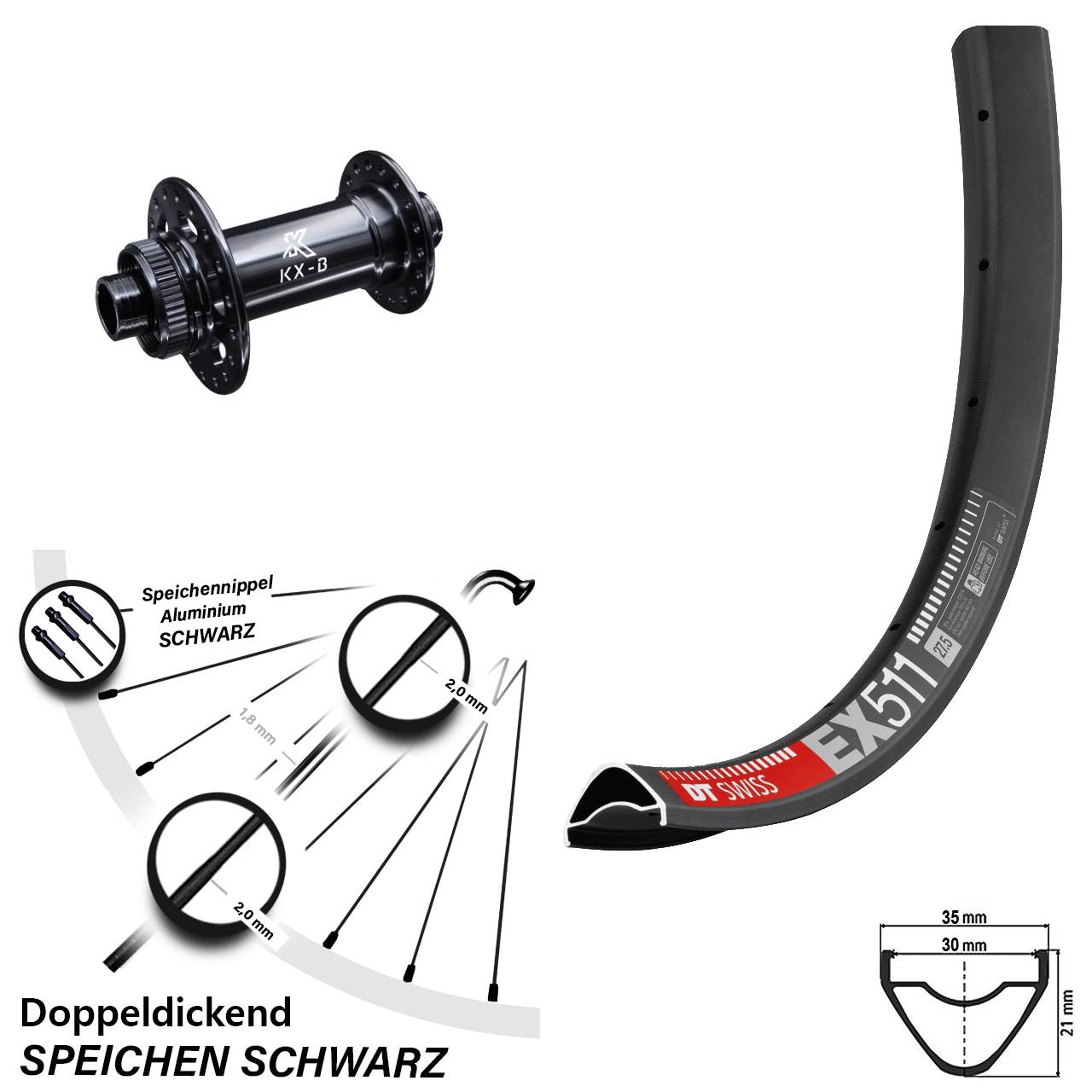 Vorderrad 27,5 Zoll DT Swiss EX 511 KX-B Centerlock Boost
