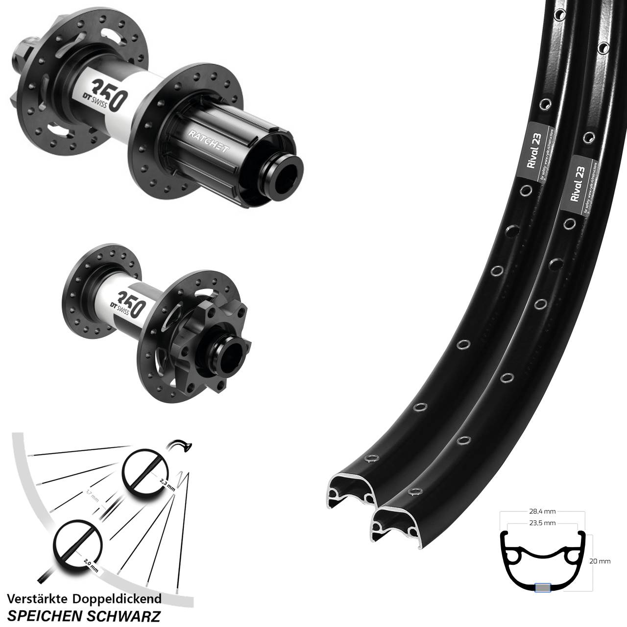 27,5 Zoll Ryde Rival 23 DT Swiss 350 6-Loch Laufradsatz 15x100 12x142 8-11 fach HG