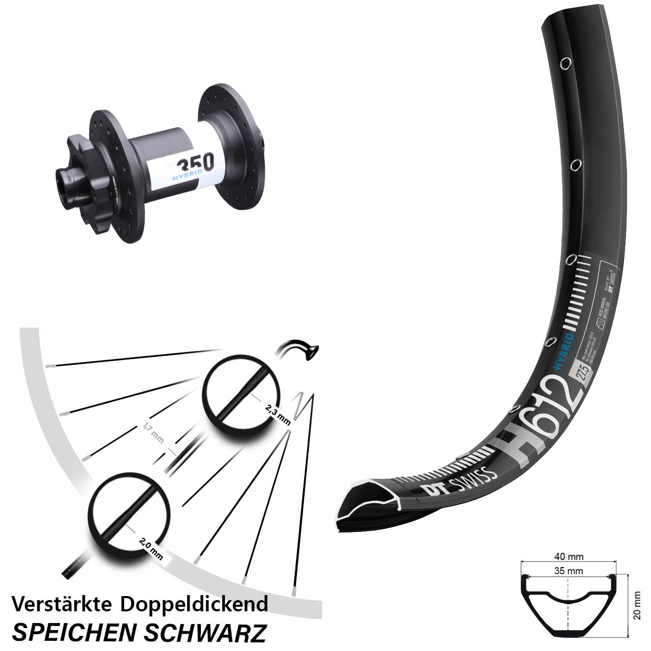 27,5 Zoll Vorderrad H 612 DT Swiss 350 Hybrid Boost 15x110 mm E-Bike 35-584 ETRTO