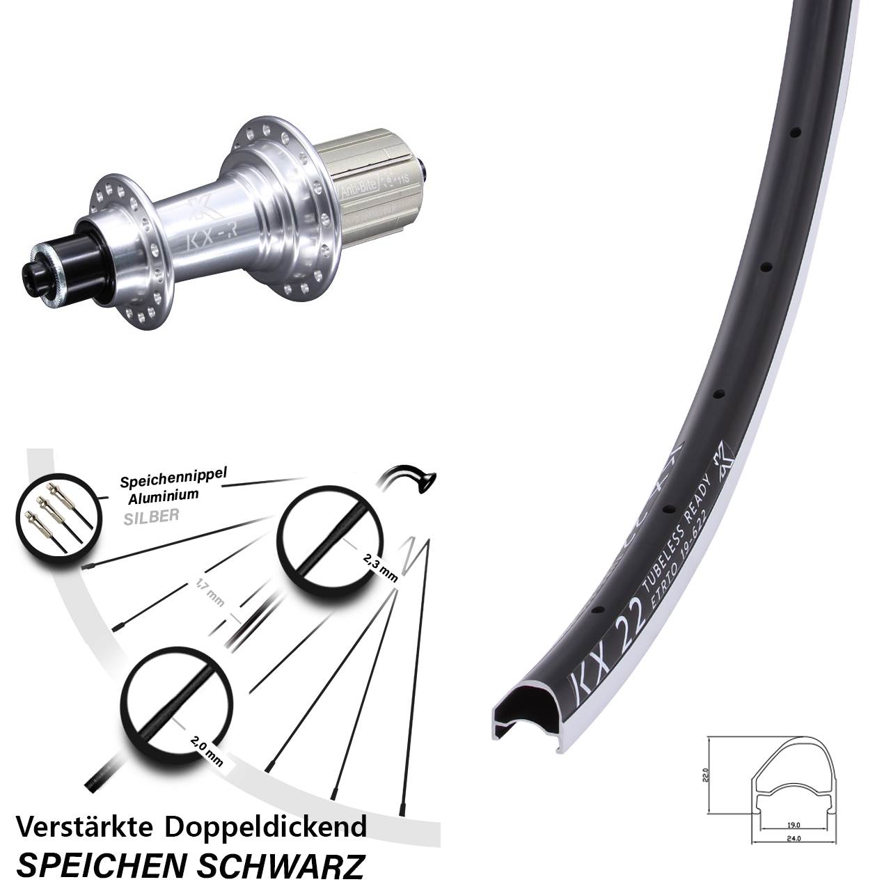 Hinterrad QR 28 Zoll KX-R 22 OS 8-12 fach HG