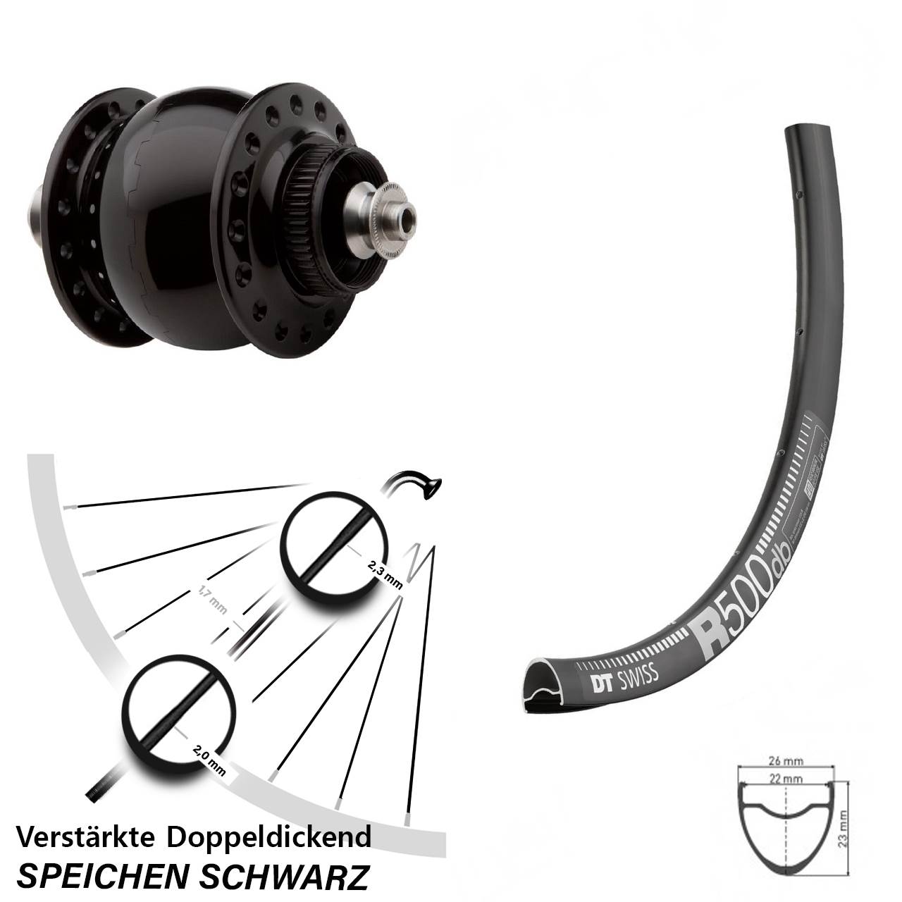 Centerlock Dynamo-Vorderrad für Schnellspanner DT Swiss R500 SON 28 Zoll