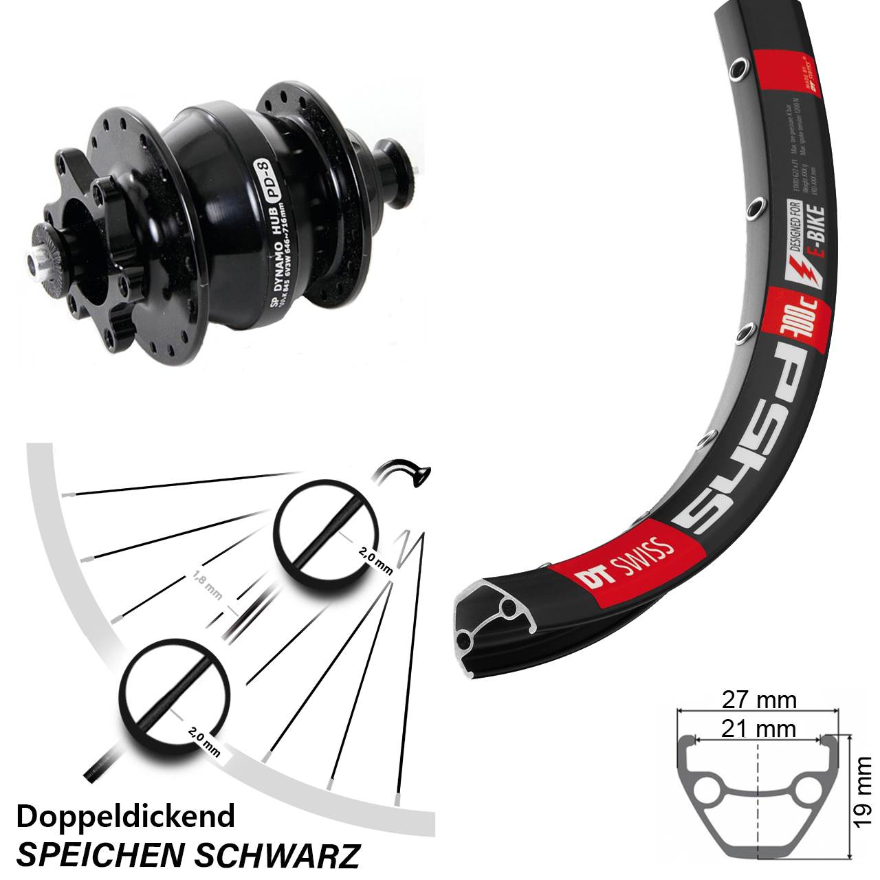 Nabendynamo-Vorderrad 26 Zoll DT Swiss 545D Shutter Precision PD-8 5x100 6-Loch