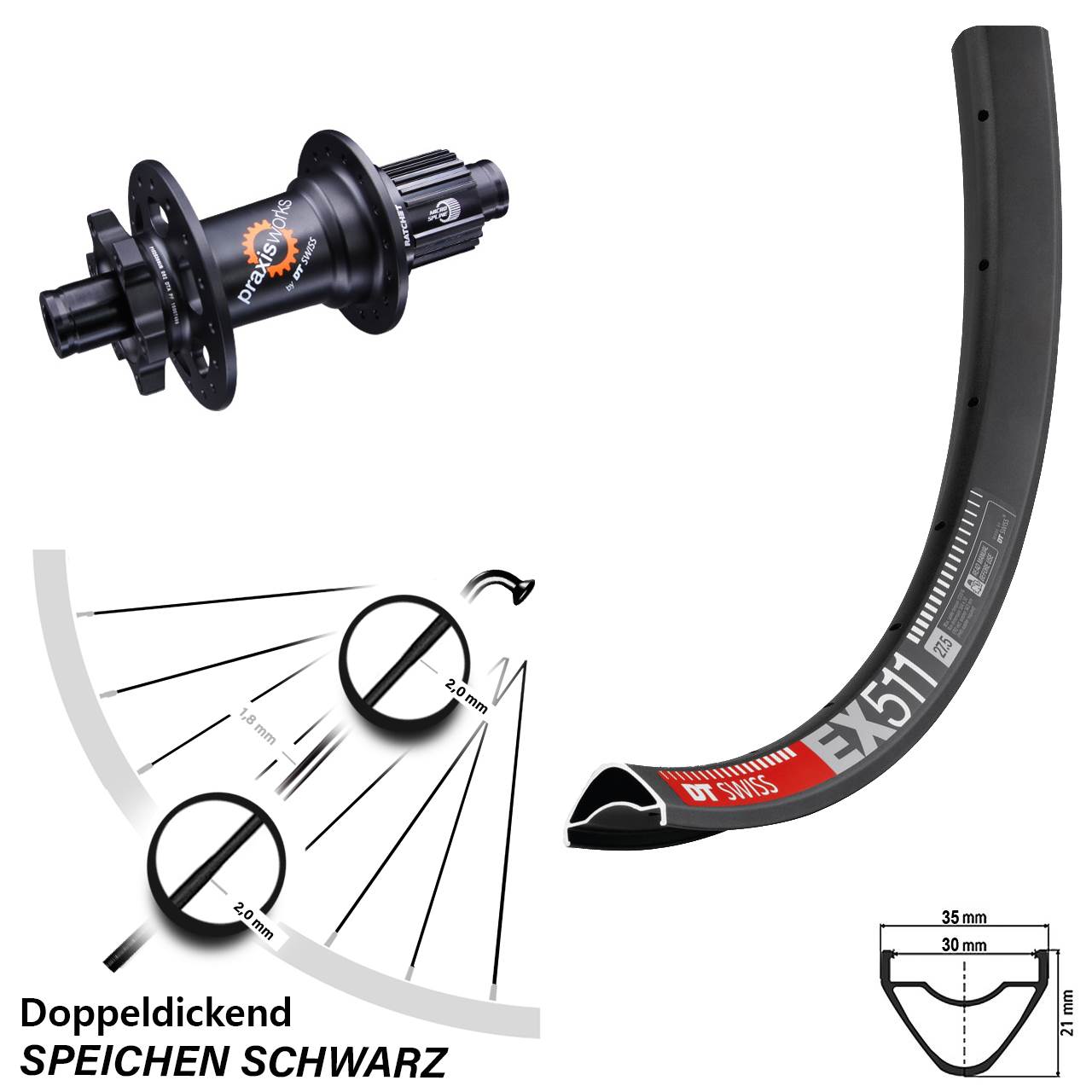 Hinterrad 6-Loch 29 Zoll DT Swiss EX511-350 Shimano Micro Spline 12x142