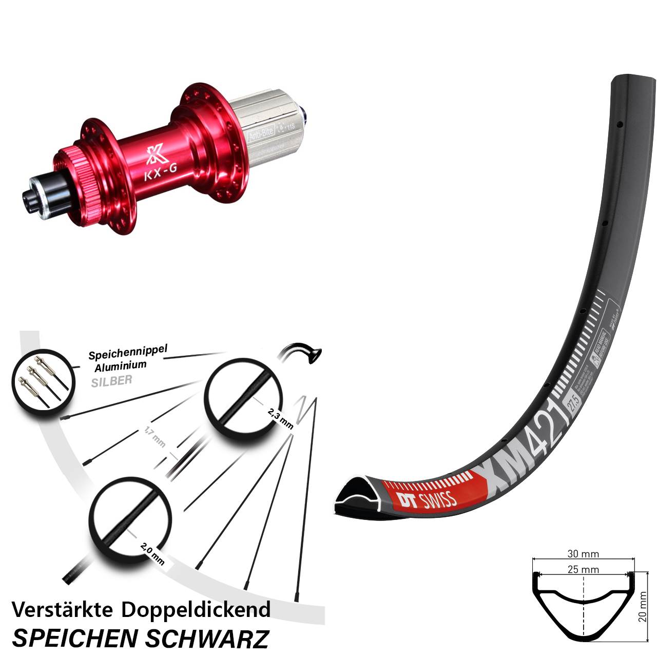 DT Swiss XM 421 KX-G rot 27,5 Zoll Disc Hinterrad QR 8-12 fach HG