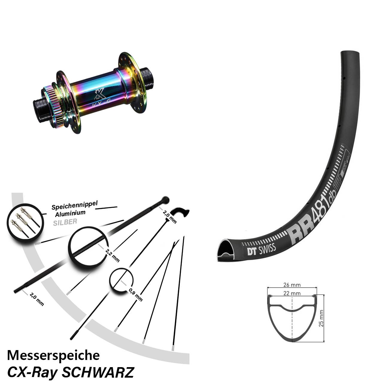 Vorderrad KX-G Oilslick DT Swiss RR 481 CX Ray Messerspeichen Road Disc 28 Zoll