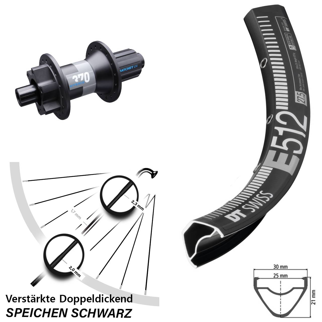 27,5 Zoll Hinterrad DT Swiss E512-370 Hybrid Boost 12x148 mm HG 8-11-fach