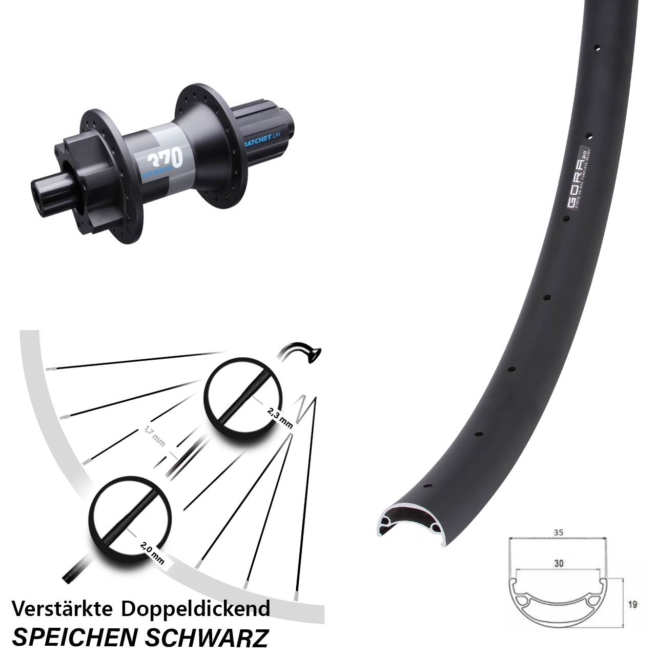 20 Zoll Gora 30 DT Swiss 370 Hybrid 6-Loch Hinterrad 12x148 8-11 fach