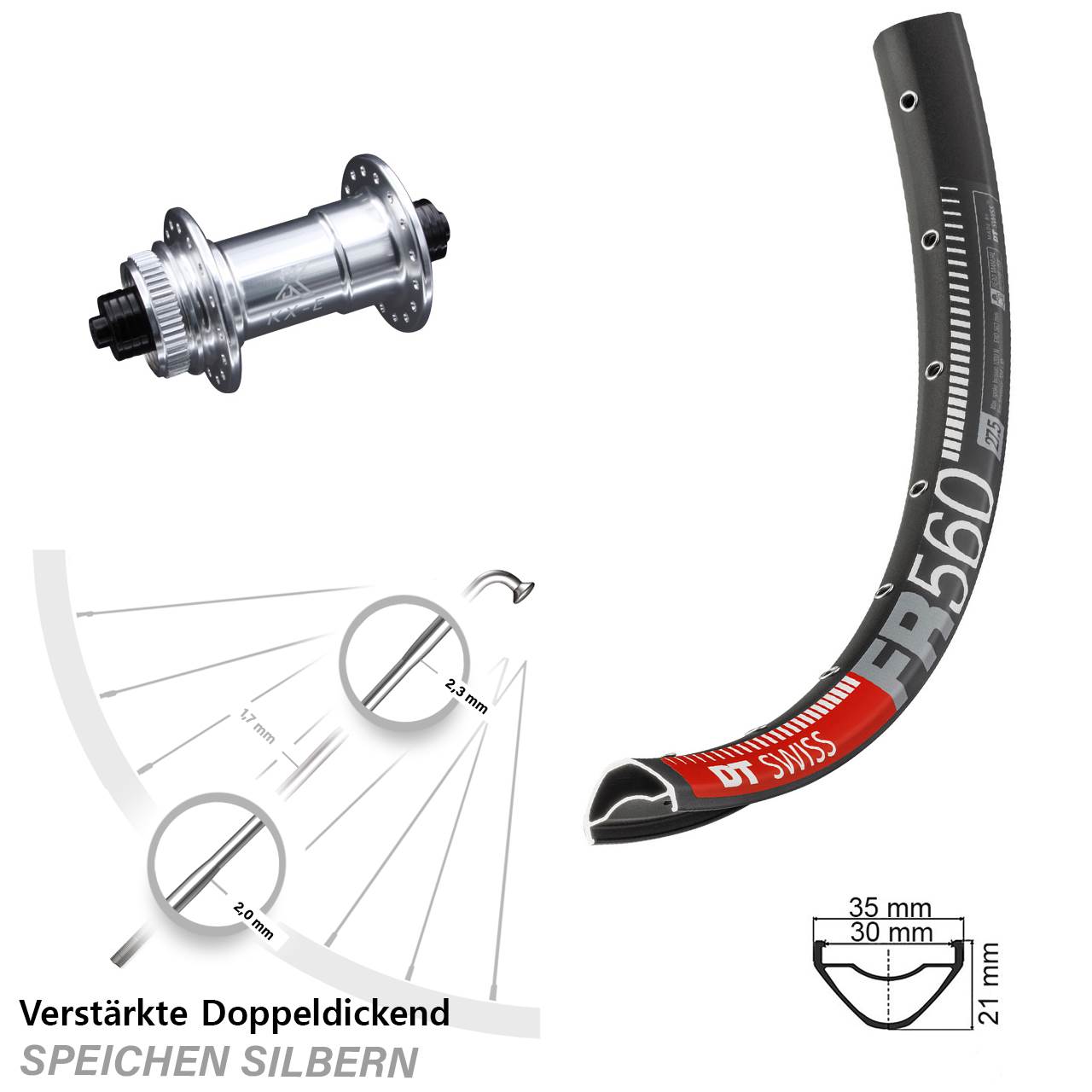 KX-E Schnellspanner 5x100 DT Swiss FR 560 Vorderrad Enduro MTB 26 Zoll für Centerlock