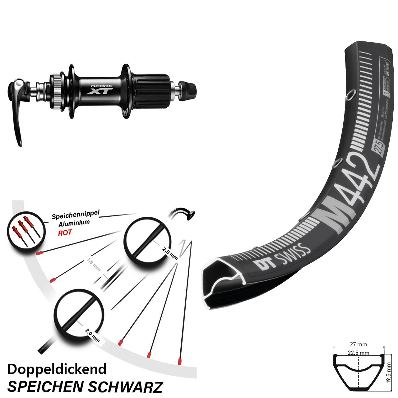 DT Swiss M 442 Shimano FH-M8000 28 Zoll Hinterrad Centerlock QR 8-11 fach HG