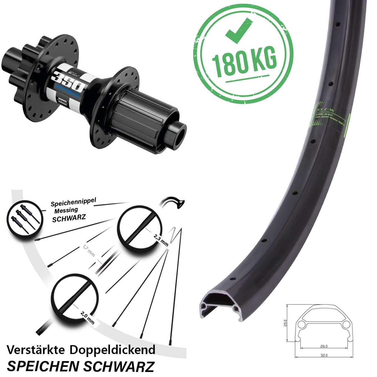 KX Evo DT Swiss 350 Hybrid 20 Zoll Hinterrad 6-Loch 12x148 Boost 8-11 fach