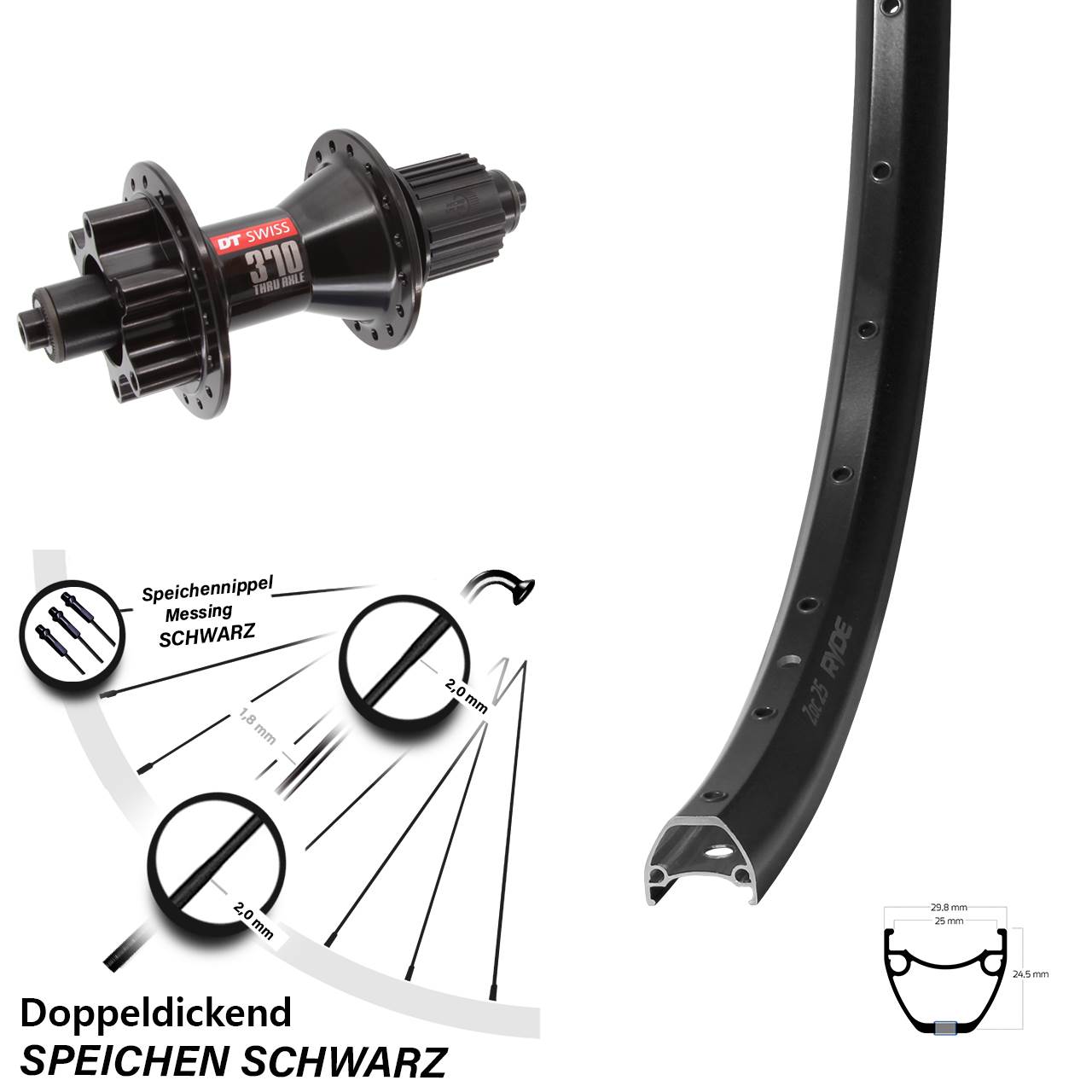 Hinterrad 28-29 Zoll Ryde ZAC 25 DT Swiss 370 Hybrid 5x135 6-Loch Micro Spline