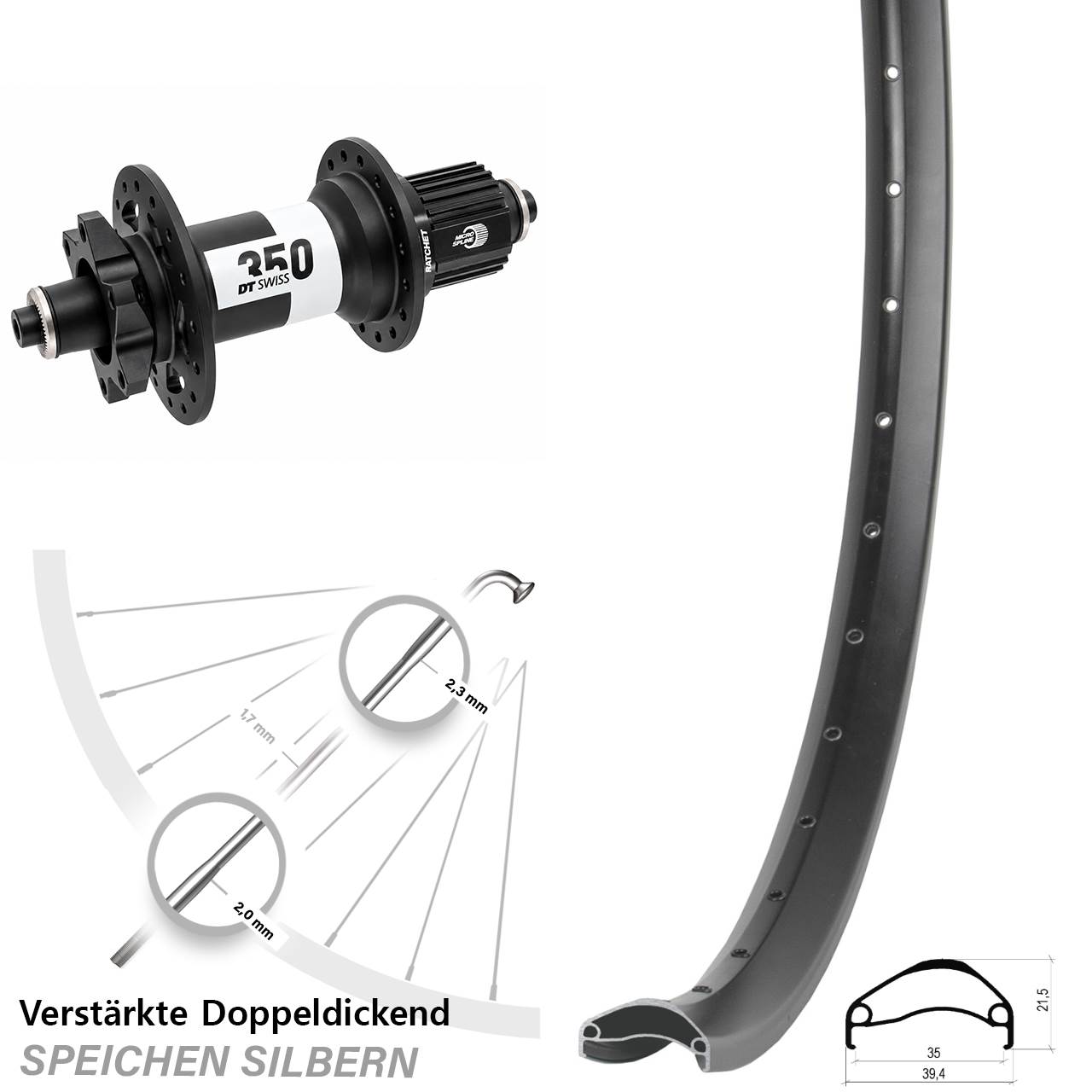 Disc Hinterrad 29 Zoll Ambrosio E35 DT Swiss 350 Micro Spline für Schnellspanner Boost