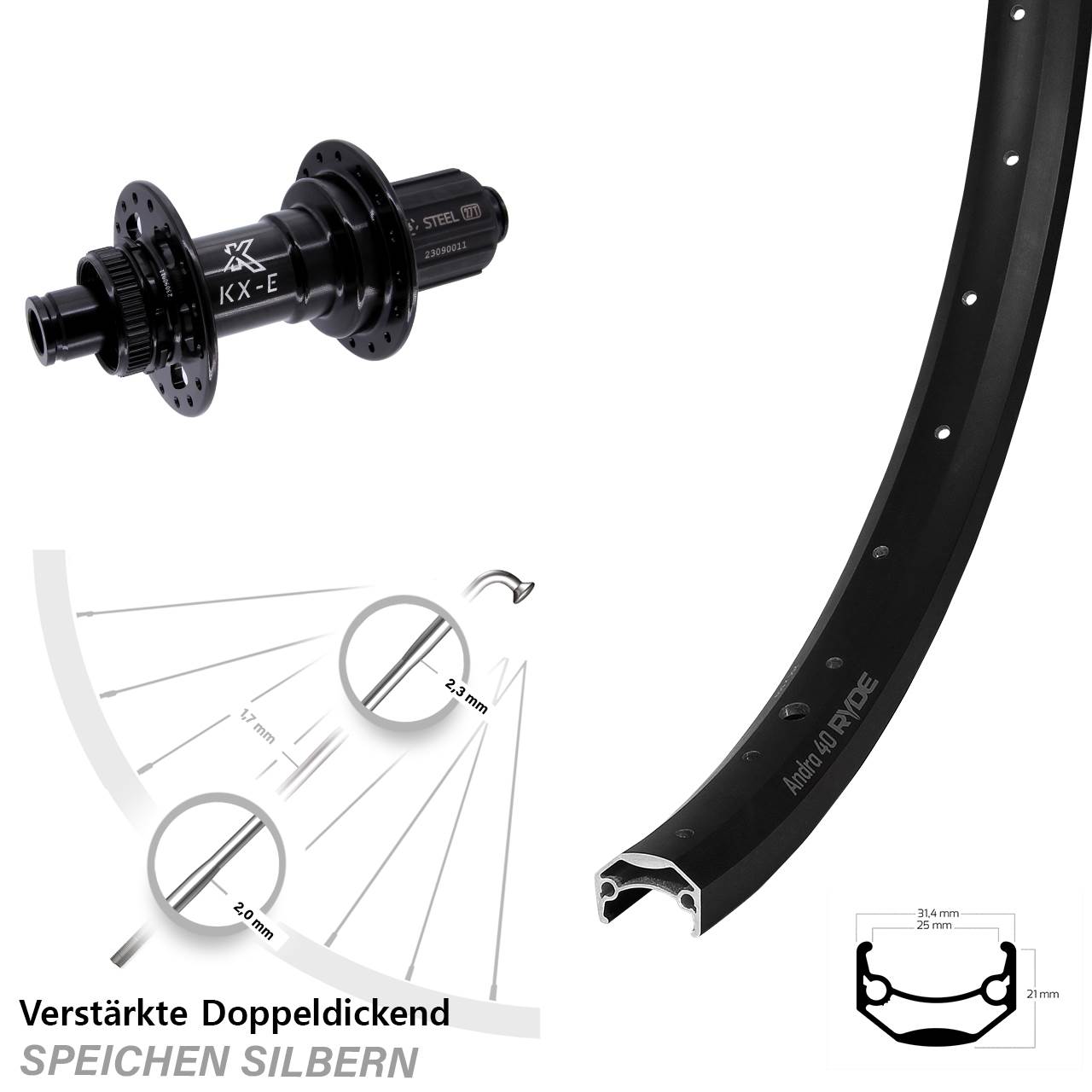 Ryde Andra 40 KX-E Heavy Duty 20 Zoll Hinterrad Centerlock 12x148 8-12 fach HG