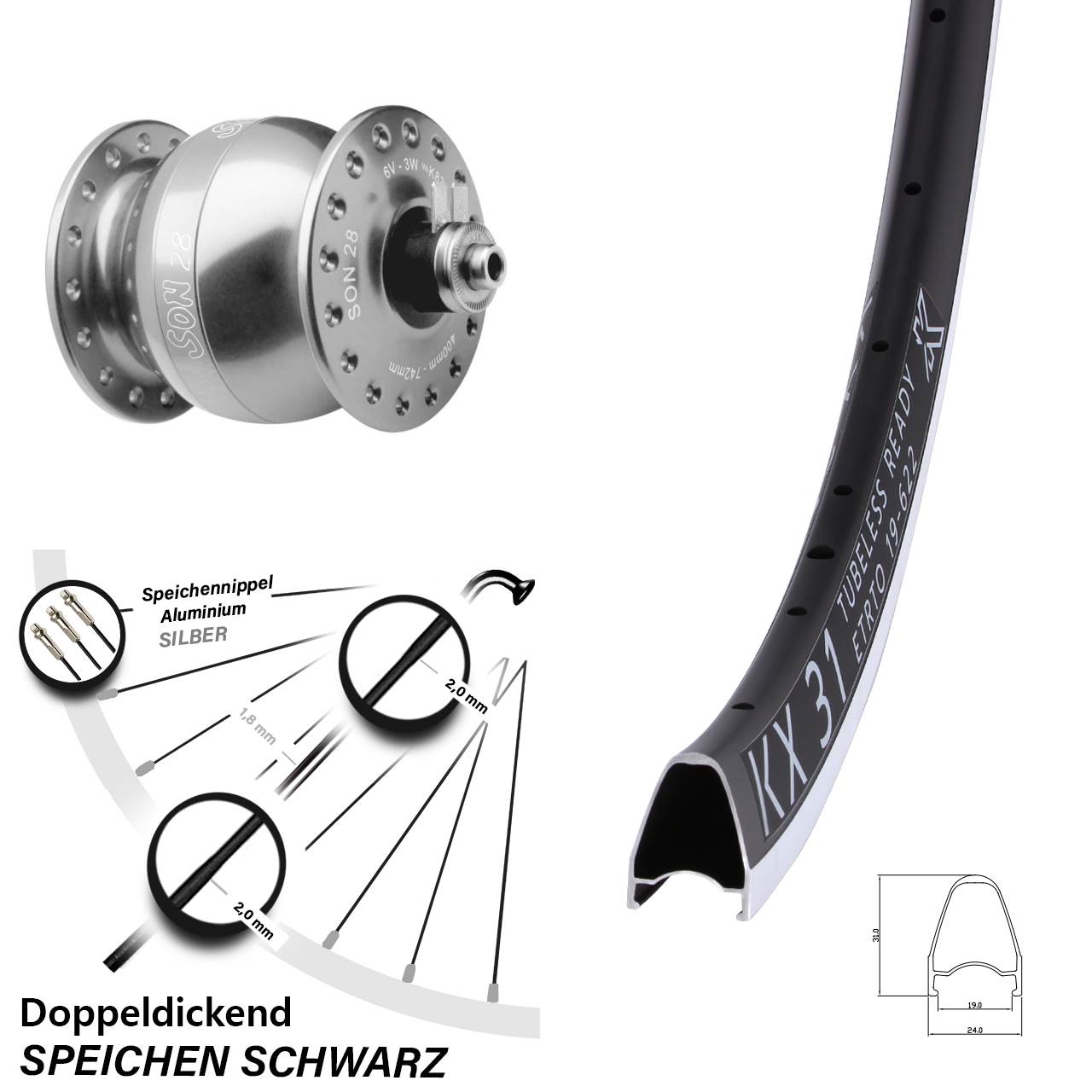 KX 31 SON 28 Zoll Vorderrad mit Nabendynamo für Schnellspanner