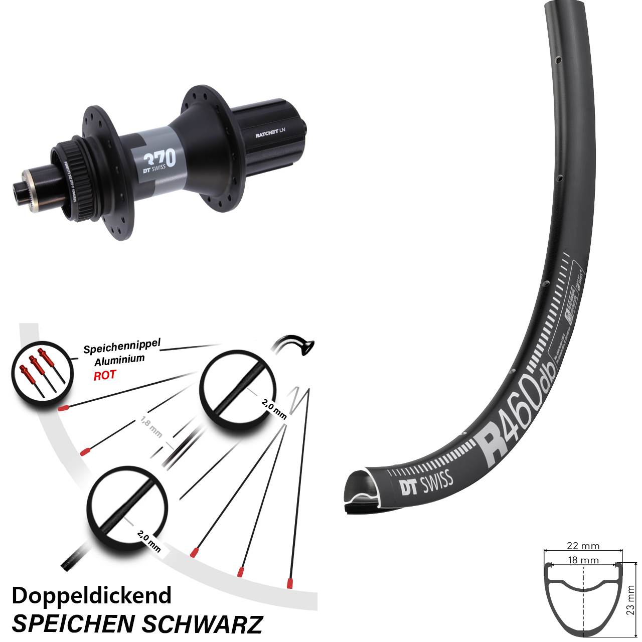 Hinterrad Centerlock 28 Zoll DT Swiss R460-370 8-12 fach HG für Schnellspanner