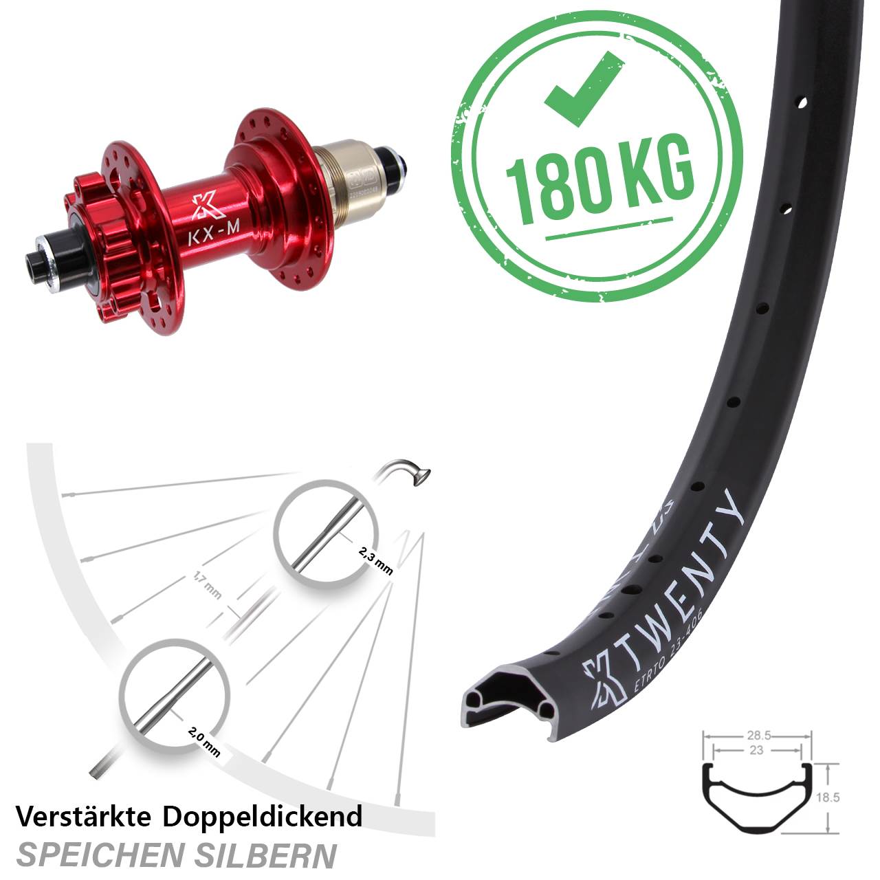 Hinterrad rote Nabe 6-Loch 20 Zoll KX-M Twenty SRAM XD für Schnellspanner