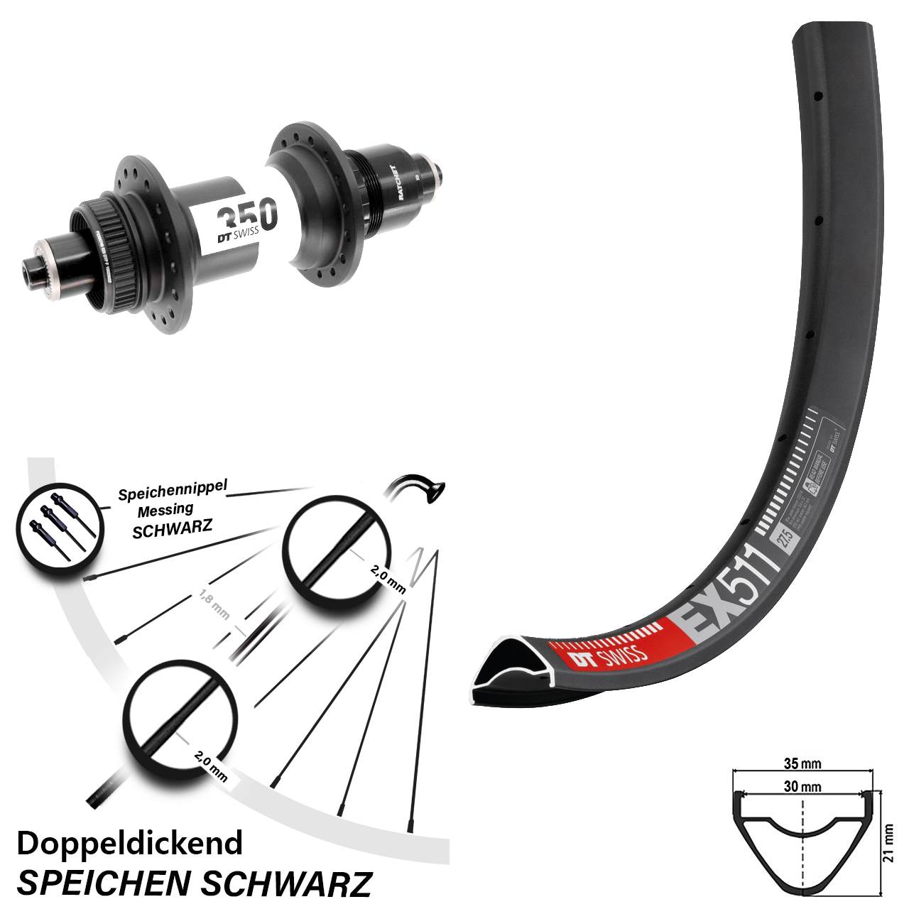 Centerlock Hinterrad 29 Zoll DT Swiss EX511-350 SRAM XD für Schnellspanner Boost