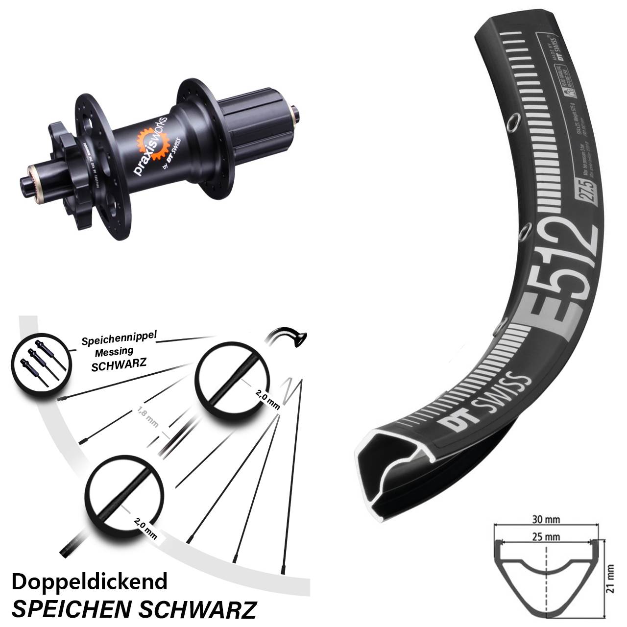 DT Swiss E512-350 27,5 Zoll 6-Loch Hinterrad QR 8-11 fach HG