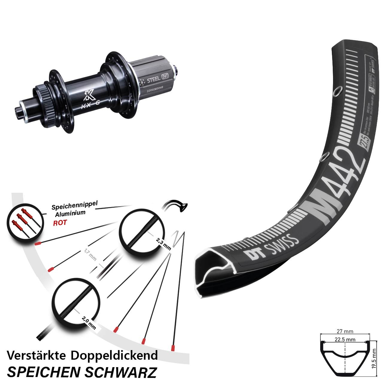 Hinterrad Centerlock 28-29 Zoll DT Swiss M 442 KX-GS verstärkt 8-12 fach QR