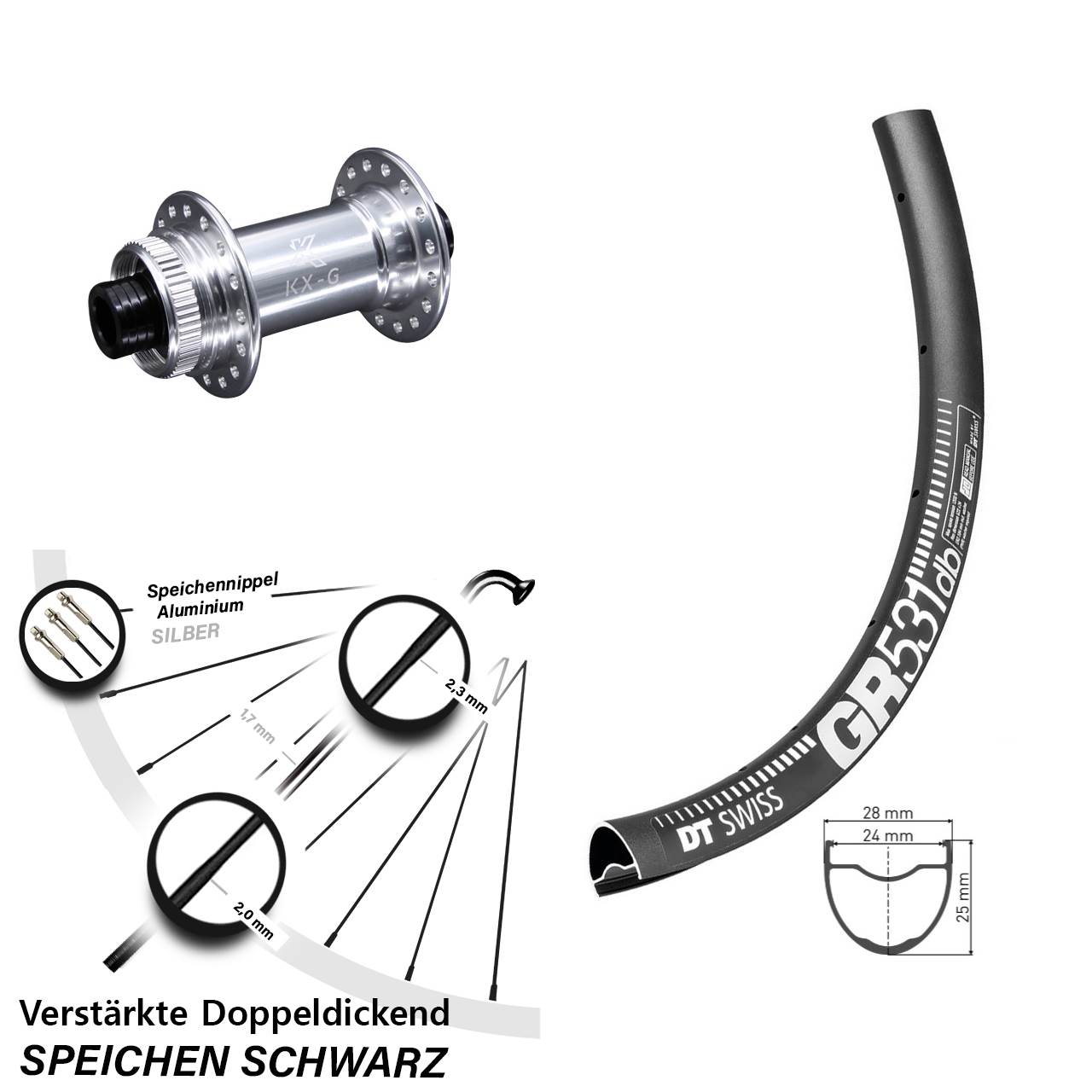 Vorderrad Gravel 28 Zoll DT Swiss GR 531 Centerlock KX-G silbern 12x100 mm Sapim E-Light