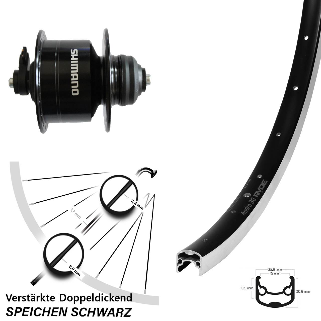 28 Zoll Ryde Andra 30 Shimano DH3D72 QR Dynamo-Vorderrad