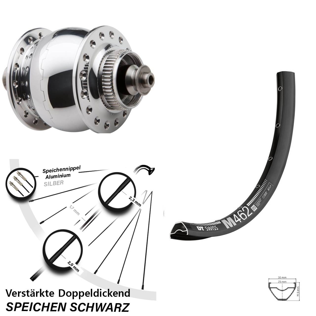 Nabendynamo-Vorderrad Centerlock 27,5 Zoll DT Swiss M462 SON 28 poliert QR