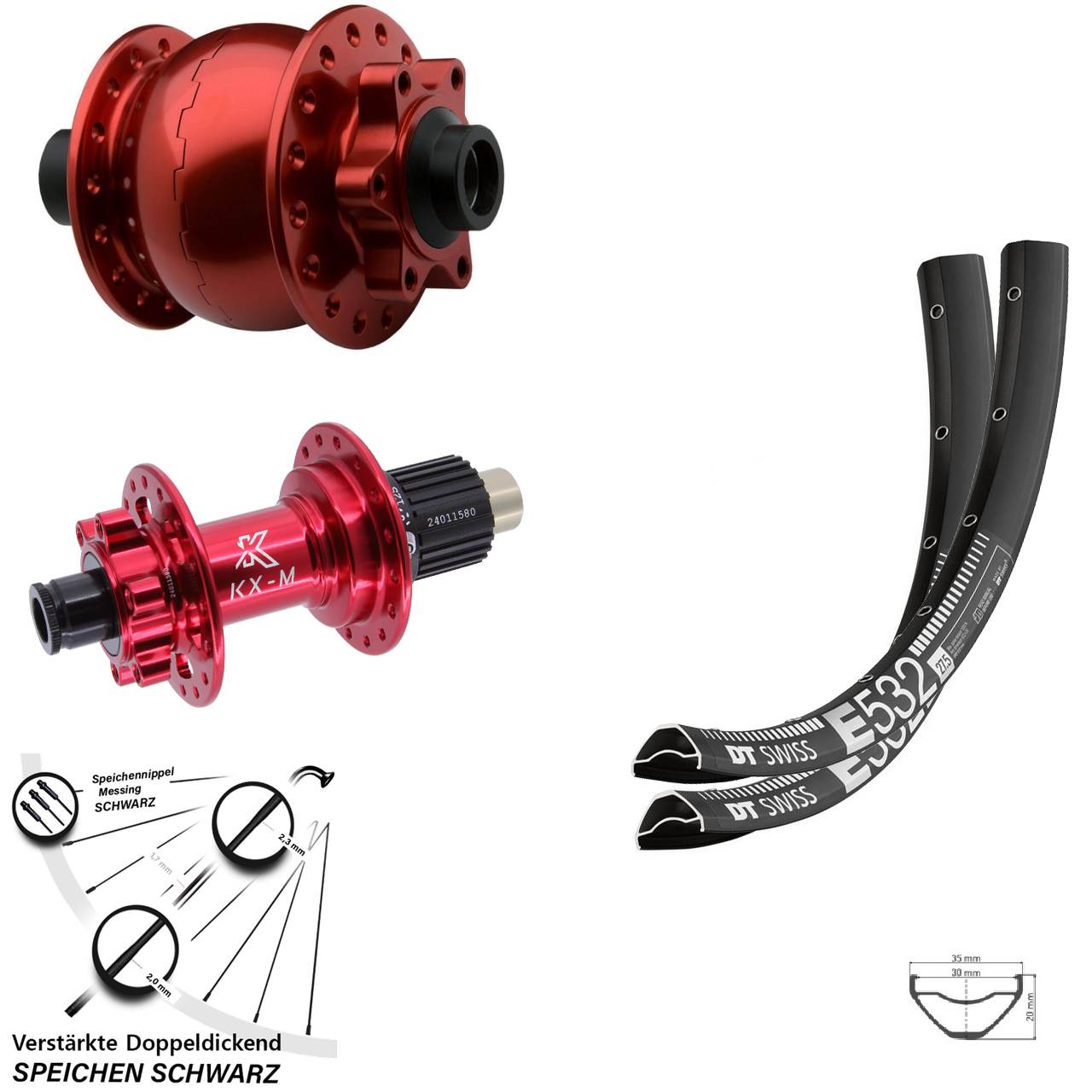 Disc Laufradsatz 15x100 12x142 29 Zoll DT Swiss E532 KX-M rot SON 28 rot Micro Spline