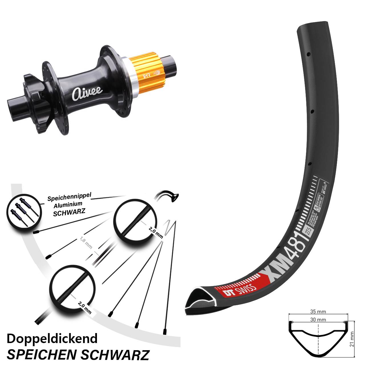 27,5 Zoll DT Swiss XM 481 Aivee Boost Disc Laufrad 12x148 Boost Micro Spline