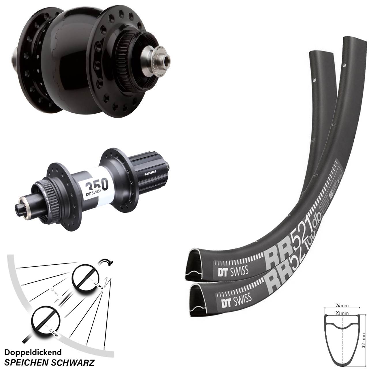 SON 28 Zoll DT Swiss RR521-350 Laufradsatz für Schnellspanner 11-12 fach HG