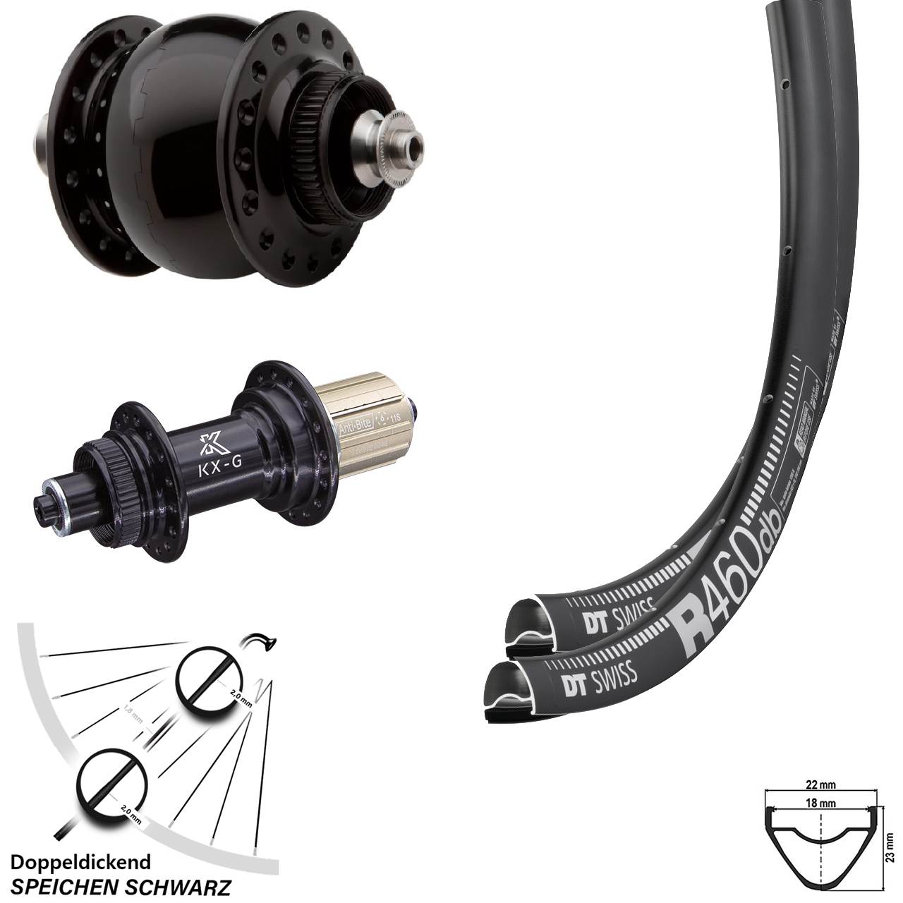 28 Zoll Laufradsatz Road Disc DT Swiss R460 Nabe KX-G Shimano 11-fach Dynamo SON delux