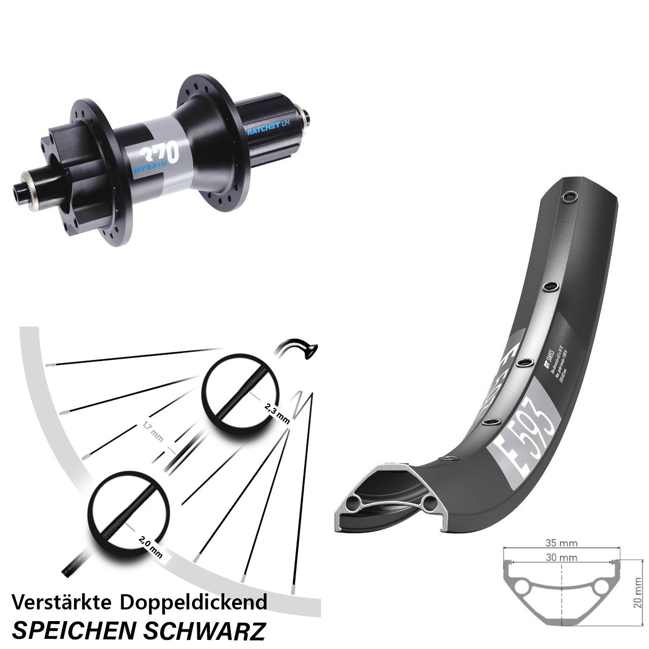 Hinterrad 27,5 Zoll DT Swiss E593-370 Hybrid 8-11 fach HG QR Boost 6-Loch
