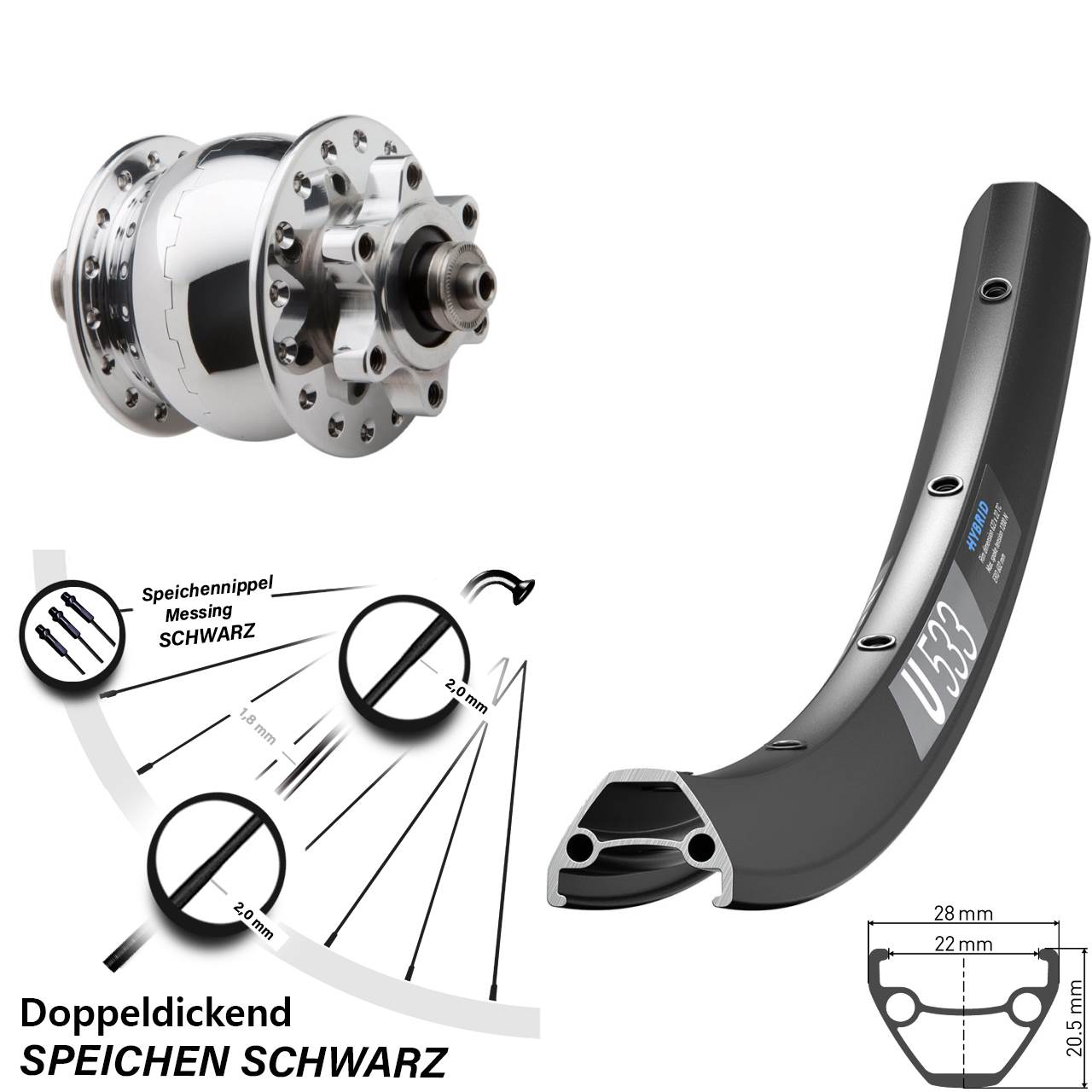 6-Loch Dynamo-Vorderrad 26 Zoll DT Swiss U 533 SON 28 für Schnellspanner